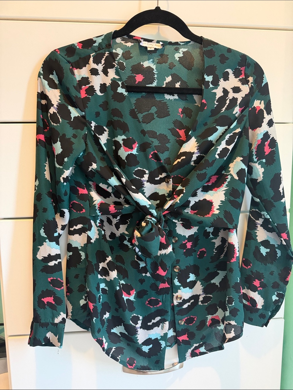 Never Fully Dressed Teal Leopard-Print Tie-Front Blouse with Pink Accents
